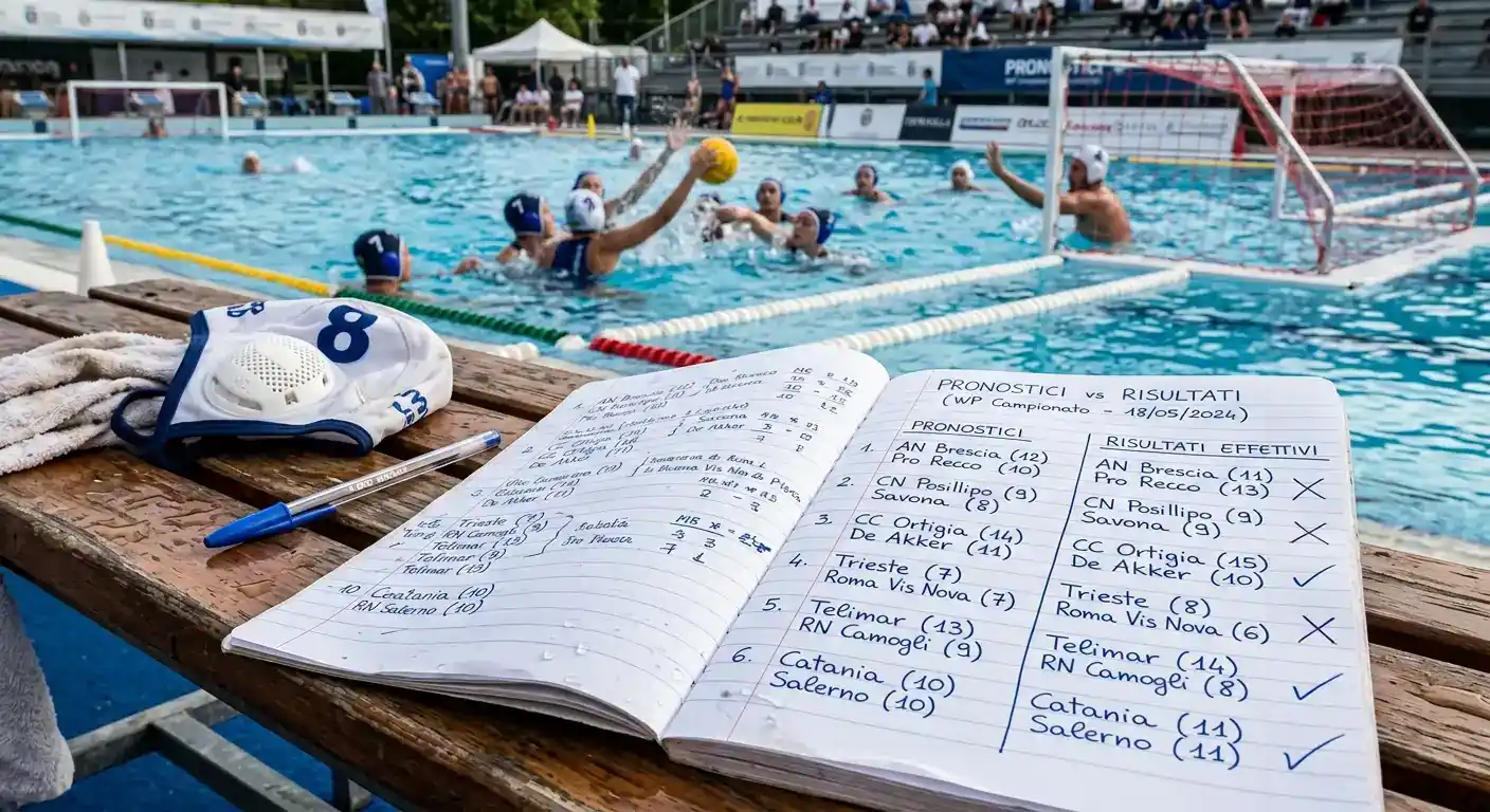 Quaderno con pronostici e risultati effettivi di partite di pallanuoto a confronto