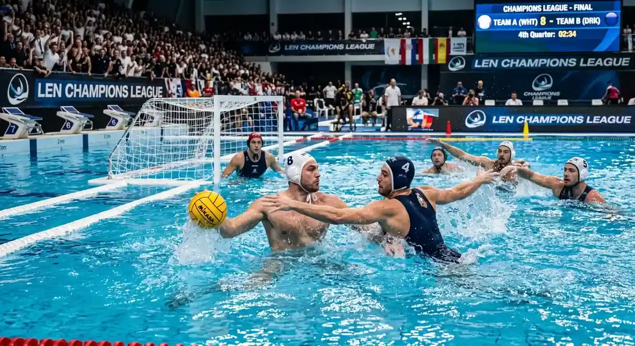Azione di gioco durante la fase finale della Champions League di pallanuoto