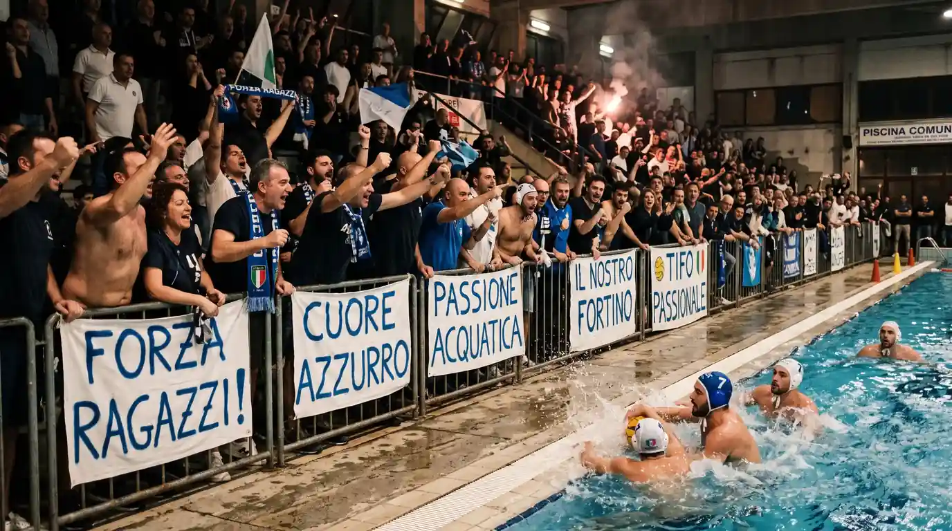 Piscina con pubblico a bordo vasca durante una partita di pallanuoto