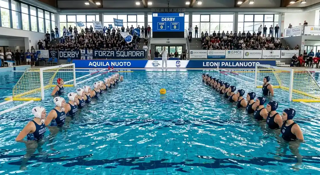 Due squadre di pallanuoto schierate in vasca prima di un derby equilibrato
