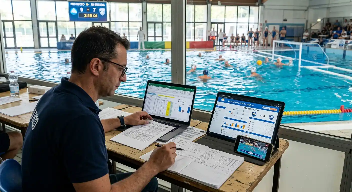 Persona che consulta fonti di dati sulla pallanuoto per elaborare pronostici