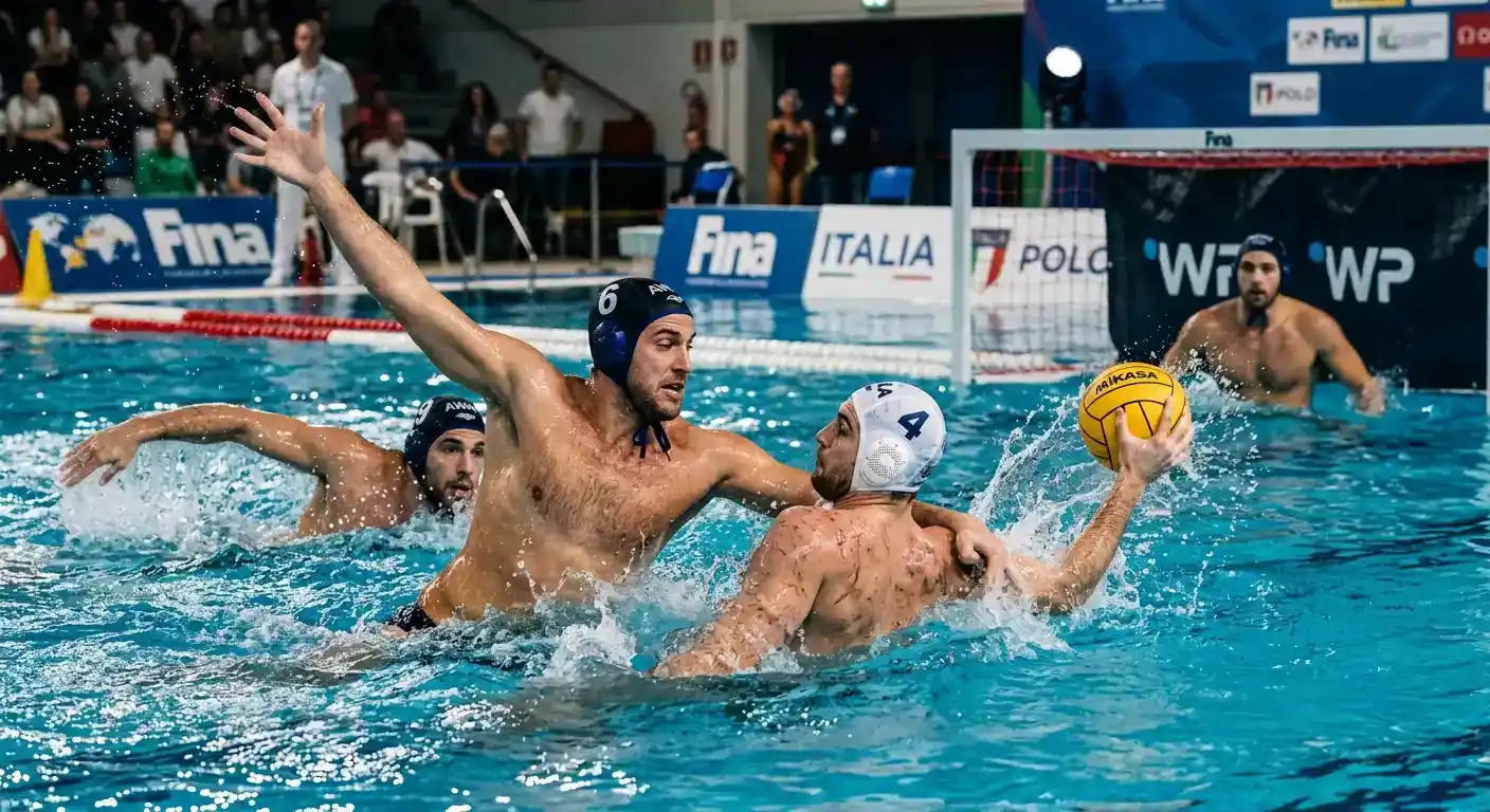 Giocatori di pallanuoto in un'azione difensiva ravvicinata durante una partita