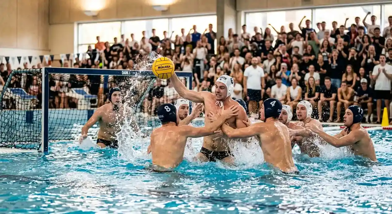 Partita di pallanuoto con giocatori in azione e linea handicap nel contesto delle scommesse