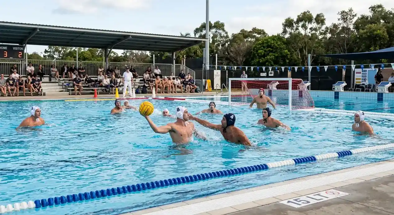 Campo di pallanuoto da 25 metri con giocatori posizionati durante un'azione offensiva