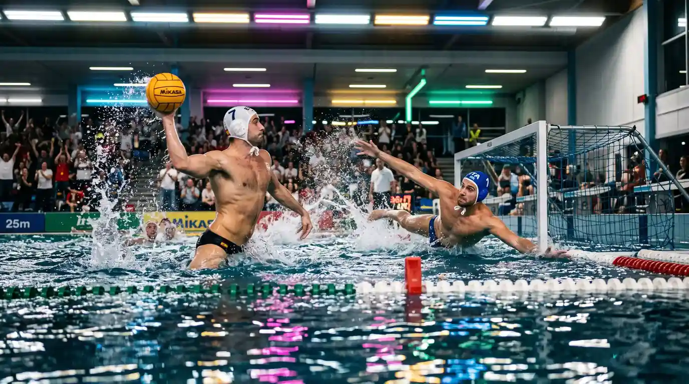Giocatore di pallanuoto tira verso la porta durante una partita in piscina