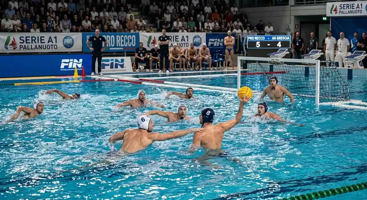 Piscina durante una gara di Serie A1 di pallanuoto con squadre in campo