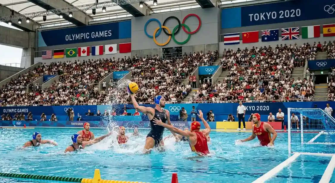 Partita di pallanuoto olimpica con bandiere nazionali a bordo vasca