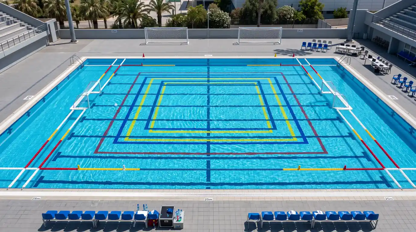 Campo di pallanuoto con le nuove dimensioni ridotte da 33 a 25 metri introdotte da World Aquatics