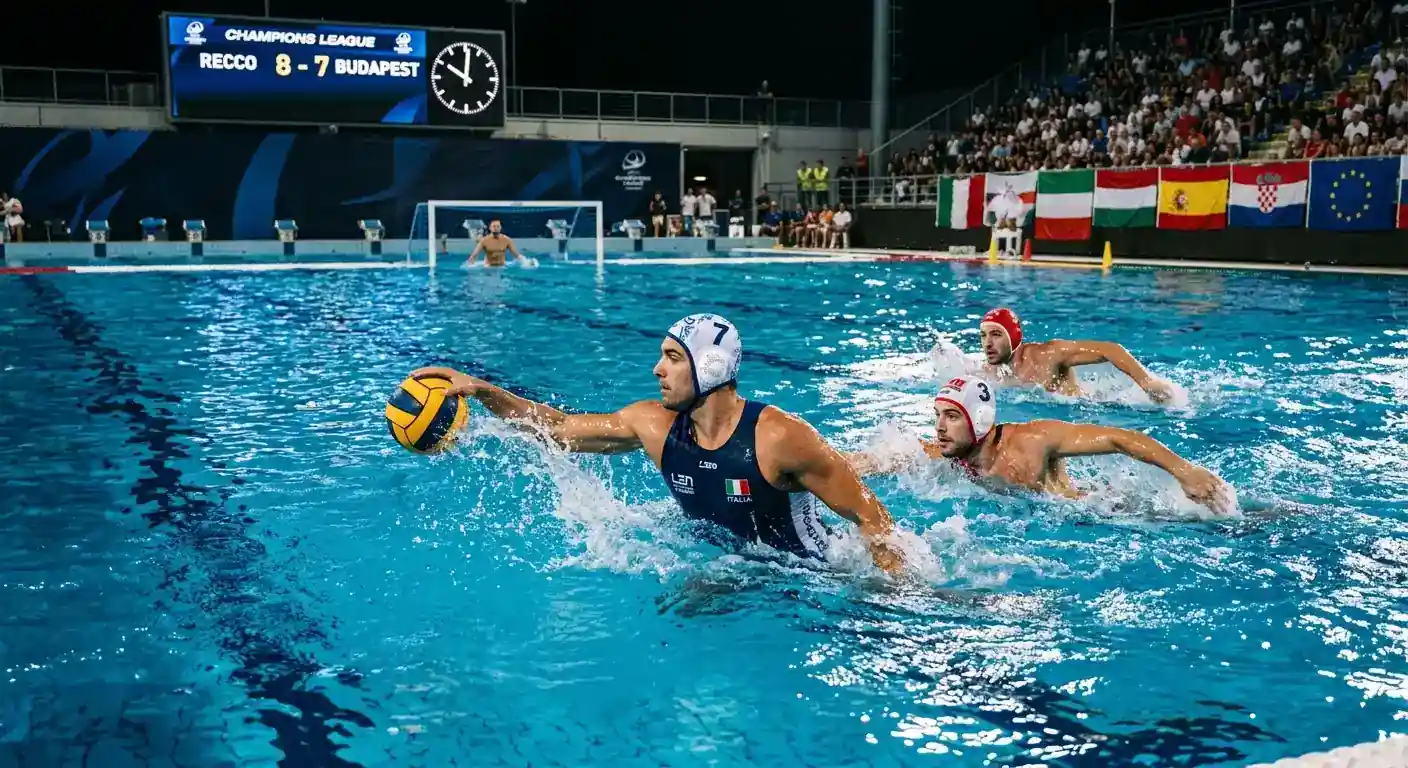 Azione di gioco nella Champions League di pallanuoto con squadre europee in vasca