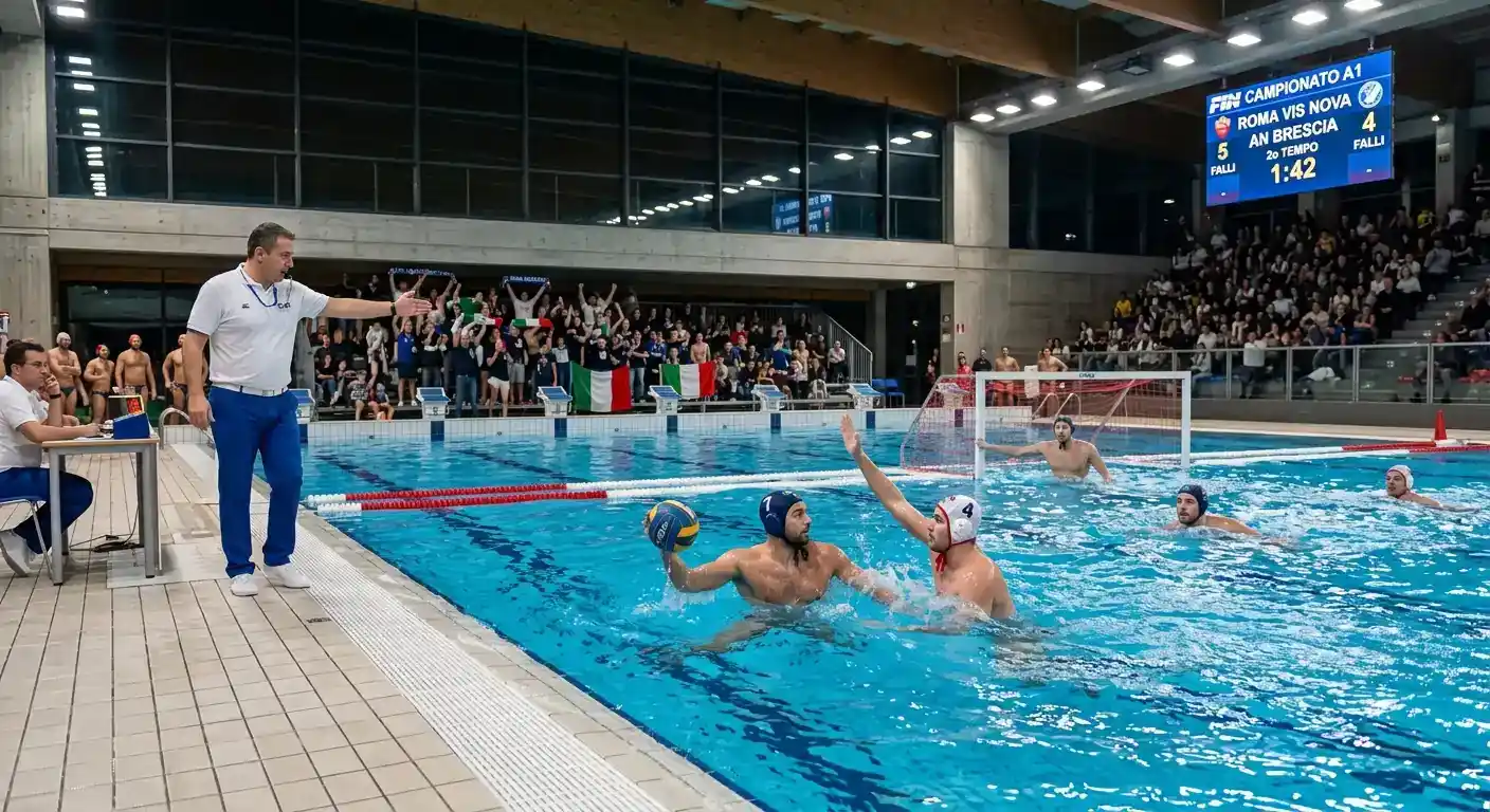 Giocatori di pallanuoto Serie A1 in piscina durante un incontro di campionato
