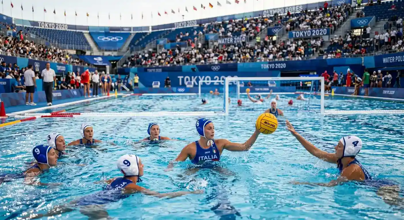 Squadra di pallanuoto in riscaldamento prima di una partita olimpica