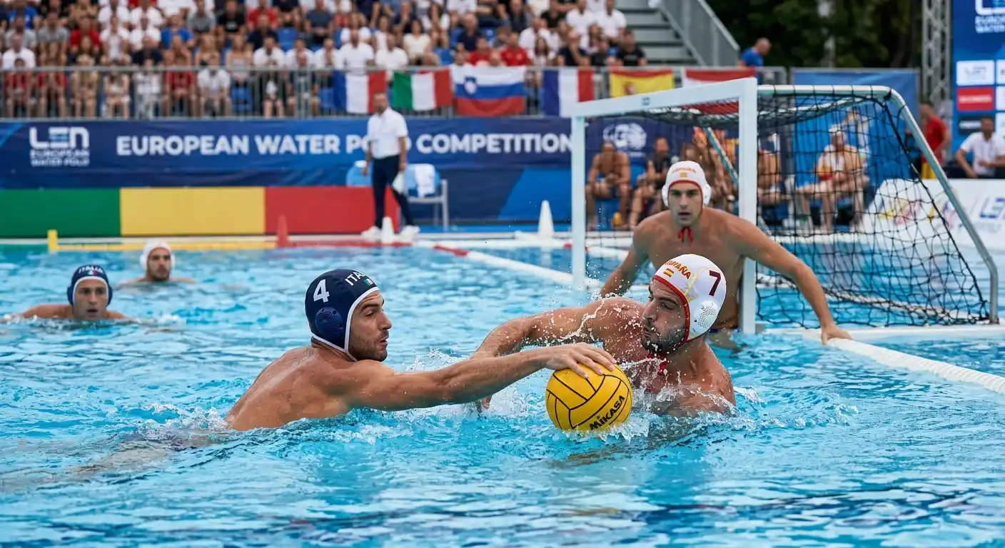 Giocatori di pallanuoto di diverse nazionalità durante una competizione europea