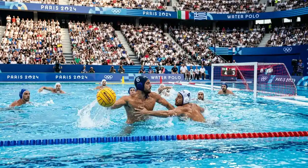 Vasca olimpica durante un incontro del torneo di pallanuoto alle Olimpiadi