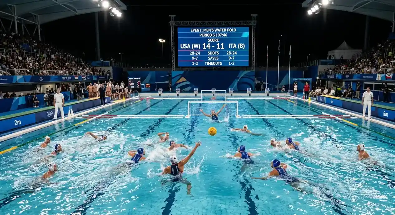Piscina olimpionica durante una partita di pallanuoto con tabellone segnapunti visibile